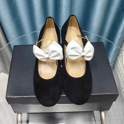 HIGH MARY JANE SHOES BLACK SUEDE WITH WHITE BOW