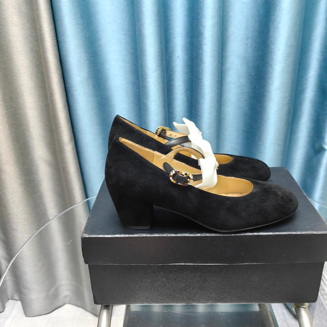 HIGH MARY JANE SHOES BLACK SUEDE WITH WHITE BOW