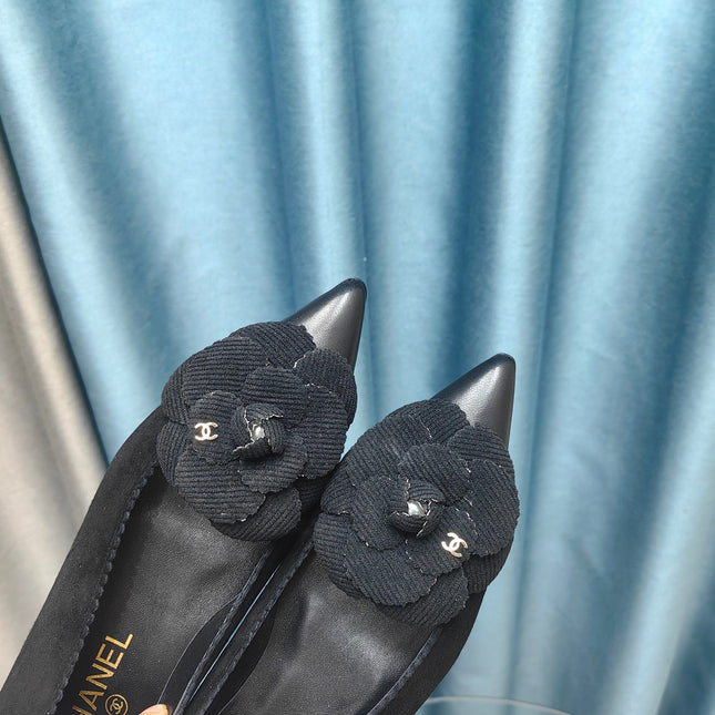 CC BALLET FLAT IN BLACK SUEDE AND CALFSKIN WITH FLOWER