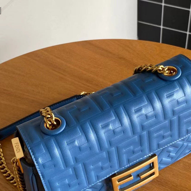 Fend Baguette 24 Bag With FF Motif Blue Leather Ghw