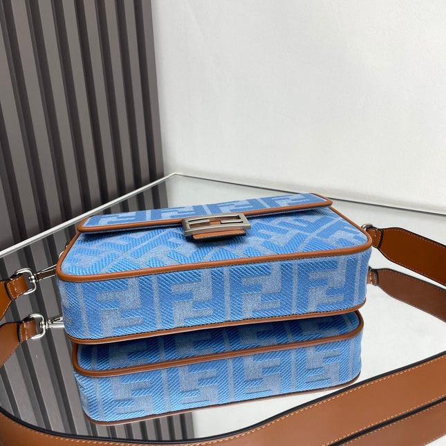 Fend Baguette Blue Brown Canvas Bag 27 with FF Embroidery Ghw