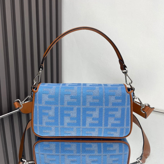 Fend Baguette Blue Brown Canvas Bag 27 with FF Embroidery Ghw