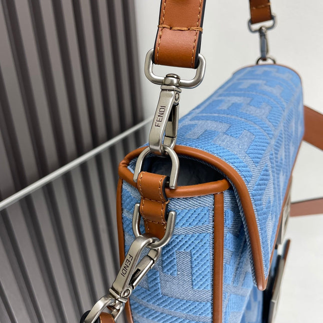 Fend Baguette Blue Brown Canvas Bag 27 with FF Embroidery Ghw