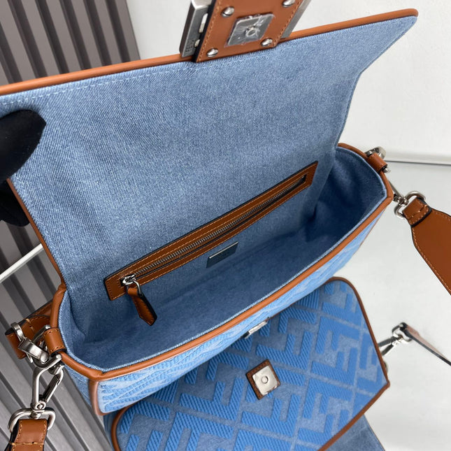 Fend Baguette Blue Brown Canvas Bag 27 with FF Embroidery Ghw