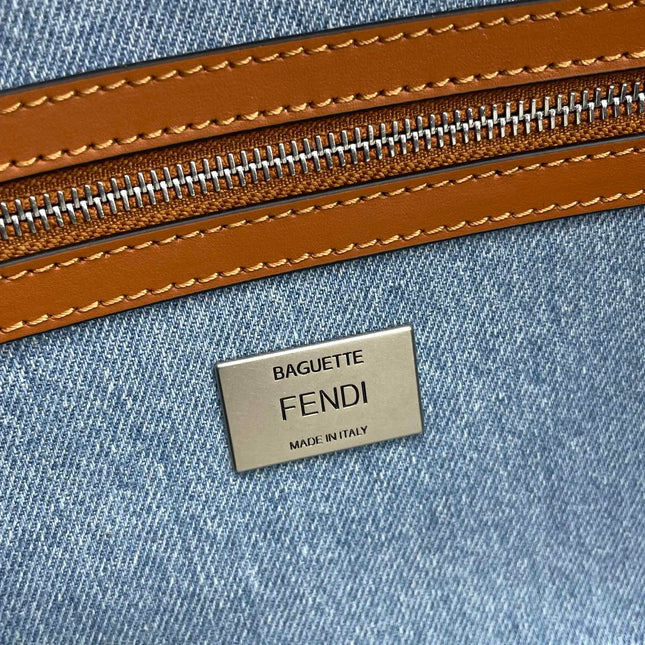 Fend Baguette Blue Brown Canvas Bag 27 with FF Embroidery Ghw