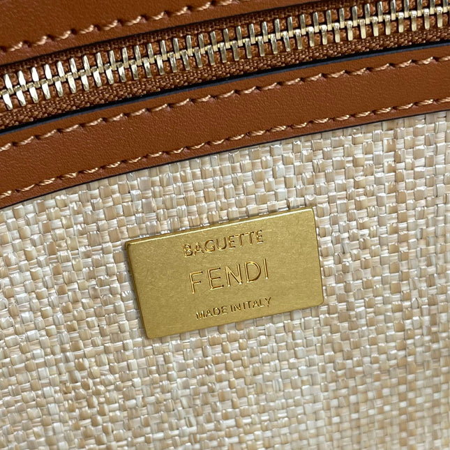 Fend Baguette Gold Tan Canvas Bag 27 with FF Embroidery Ghw