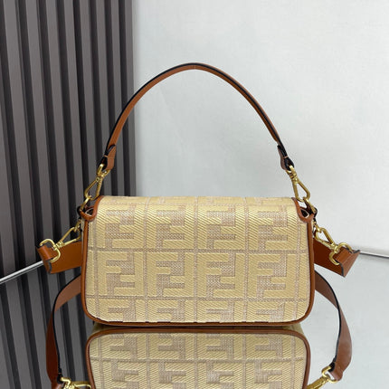 Fend Baguette Gold Tan Canvas Bag 27 with FF Embroidery Ghw