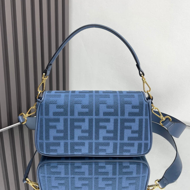 Fend Baguette Blue Canvas Bag 27 with FF Embroidery Ghw