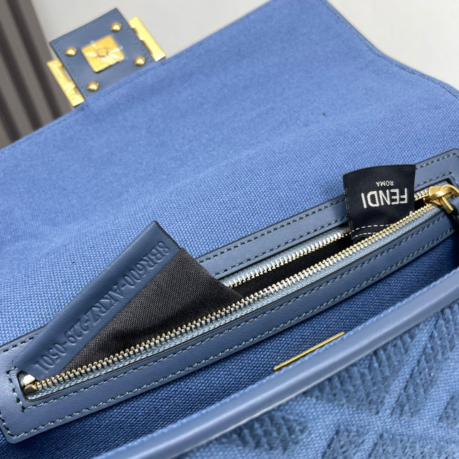 Fend Baguette Blue Canvas Bag 27 with FF Embroidery Ghw