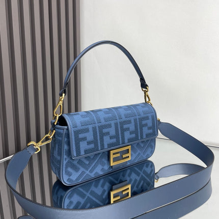 Fend Baguette Blue Canvas Bag 27 with FF Embroidery Ghw