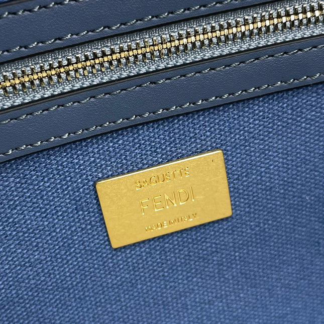 Fend Baguette Blue Canvas Bag 27 with FF Embroidery Ghw