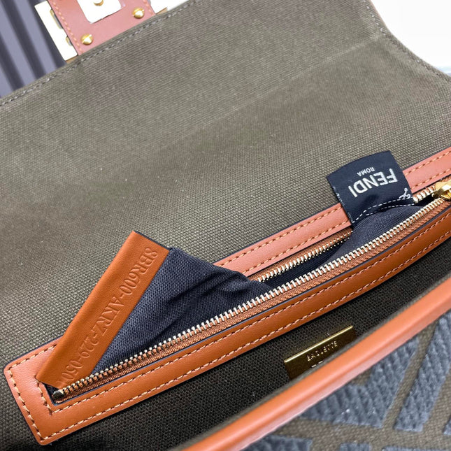 Fend Baguette Green Canvas Bag 27 with FF Embroidery Ghw