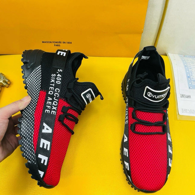 LV SNEAKER IN BLACK MIX RED BREATHABLE MESH FABRIC