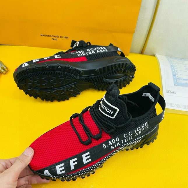 LV SNEAKER IN BLACK MIX RED BREATHABLE MESH FABRIC