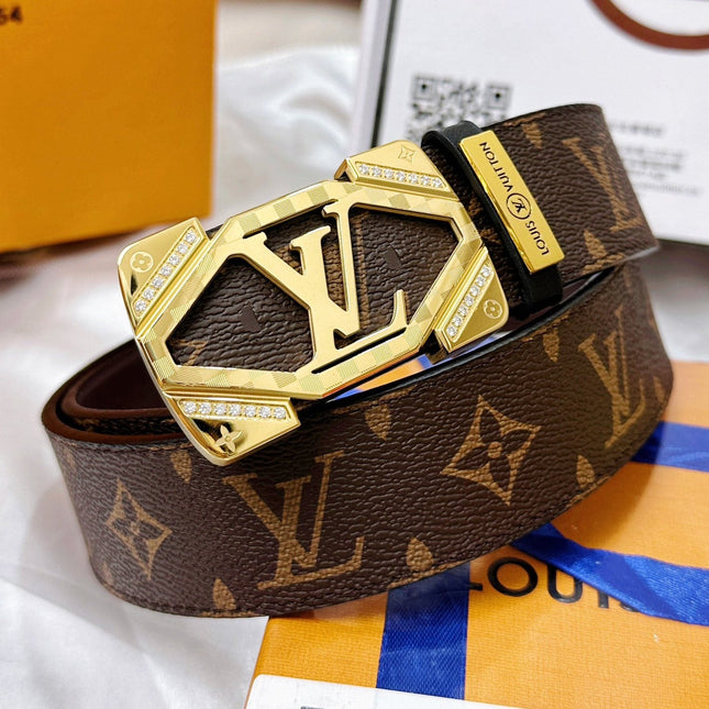 BELT 38MM IN BROWN CHECKERED PATTERN WITH RECTANGULAR GOLD PAVE BUCKLE