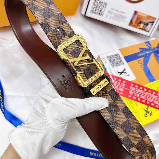 BELT 38MM REVERSIBLE IN BROWN CHECKERED PATTERN WITH GOLD PAVE BUCKLE