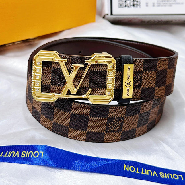 BELT 38MM REVERSIBLE IN BROWN CHECKERED PATTERN WITH GOLD PAVE BUCKLE