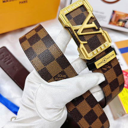 BELT 38MM REVERSIBLE IN BROWN CHECKERED PATTERN WITH GOLD PAVE BUCKLE