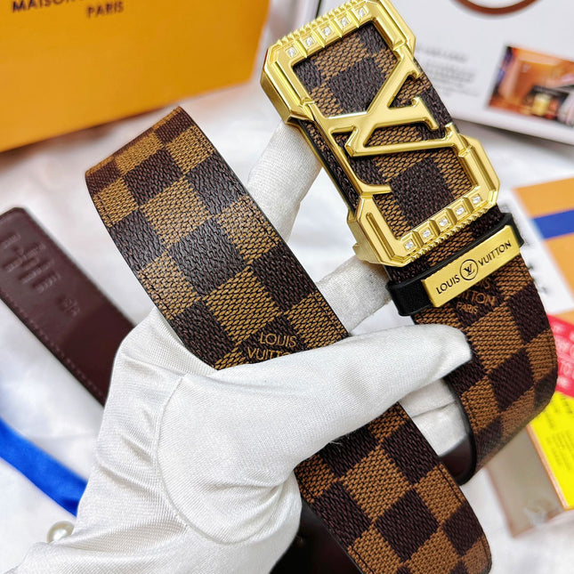 BELT 38MM REVERSIBLE IN BROWN CHECKERED PATTERN WITH GOLD PAVE BUCKLE