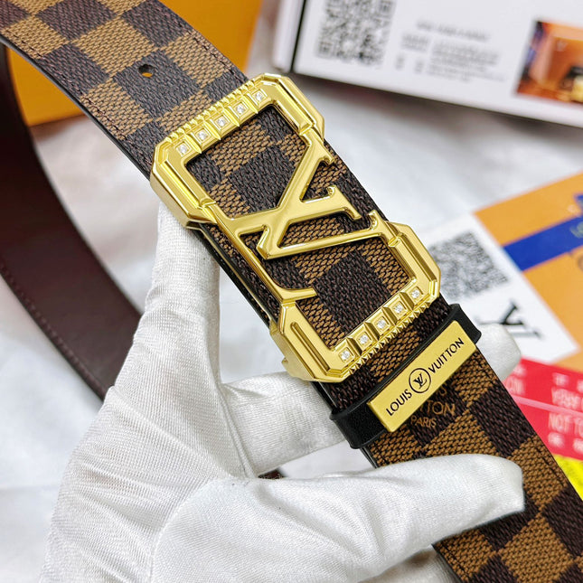 BELT 38MM REVERSIBLE IN BROWN CHECKERED PATTERN WITH GOLD PAVE BUCKLE