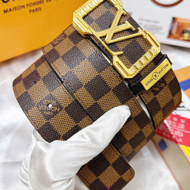BELT 38MM REVERSIBLE IN BROWN CHECKERED PATTERN WITH GOLD PAVE BUCKLE