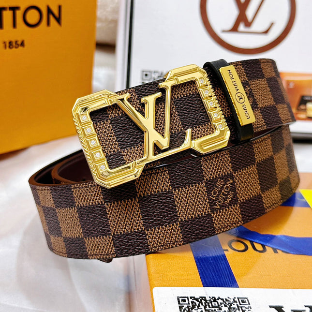 BELT 38MM REVERSIBLE IN BROWN CHECKERED PATTERN WITH GOLD PAVE BUCKLE