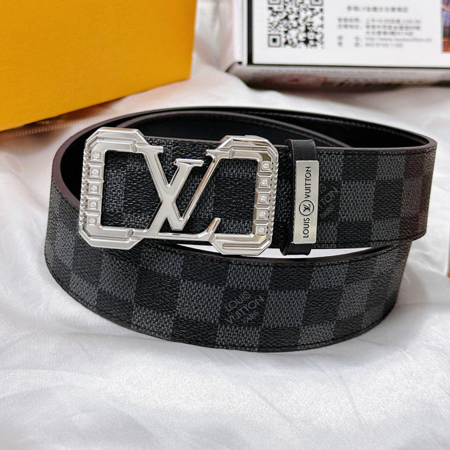 BELT 38MM REVERSIBLE IN BLACK AND GREY CHECKERED PATTERN WITH SILVER PAVE BUCKLE