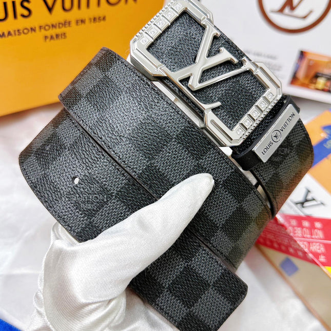 BELT 38MM REVERSIBLE IN BLACK AND GREY CHECKERED PATTERN WITH SILVER PAVE BUCKLE