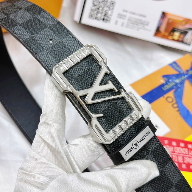 BELT 38MM REVERSIBLE IN BLACK AND GREY CHECKERED PATTERN WITH SILVER PAVE BUCKLE