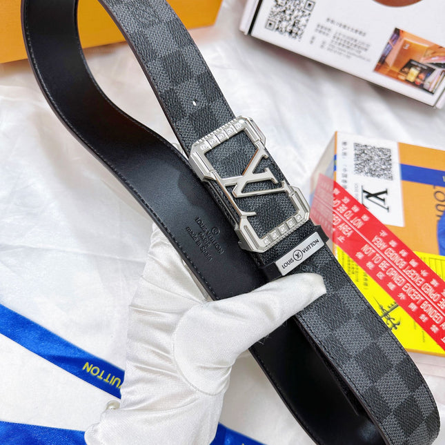 BELT 38MM REVERSIBLE IN BLACK AND GREY CHECKERED PATTERN WITH SILVER PAVE BUCKLE