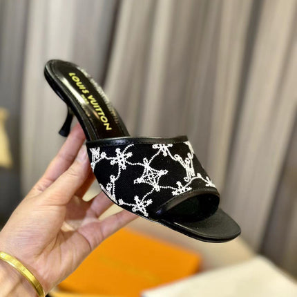 NEO REVIVAL HIGH MULE 55 MM IN BLACK EMBROIDERED FABRIC