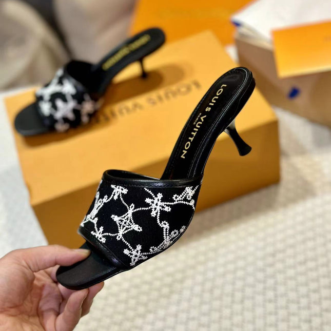 NEO REVIVAL HIGH MULE 55 MM IN BLACK EMBROIDERED FABRIC
