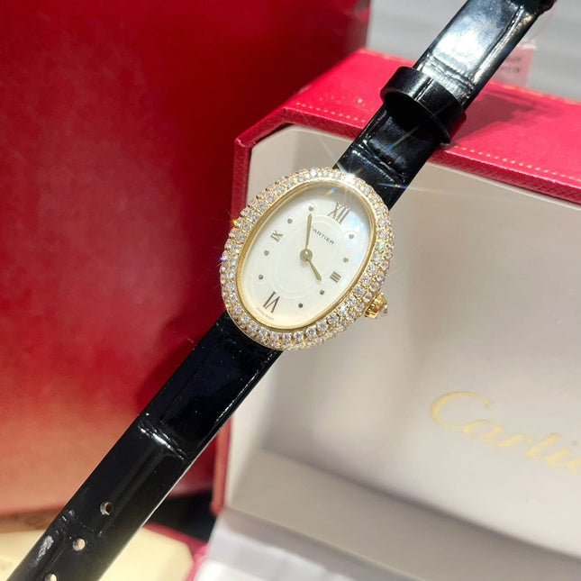 BAIGNOIRE WATCH GOLD CASE AND BLACK LEATHER STRAP WITH CRYSTAL