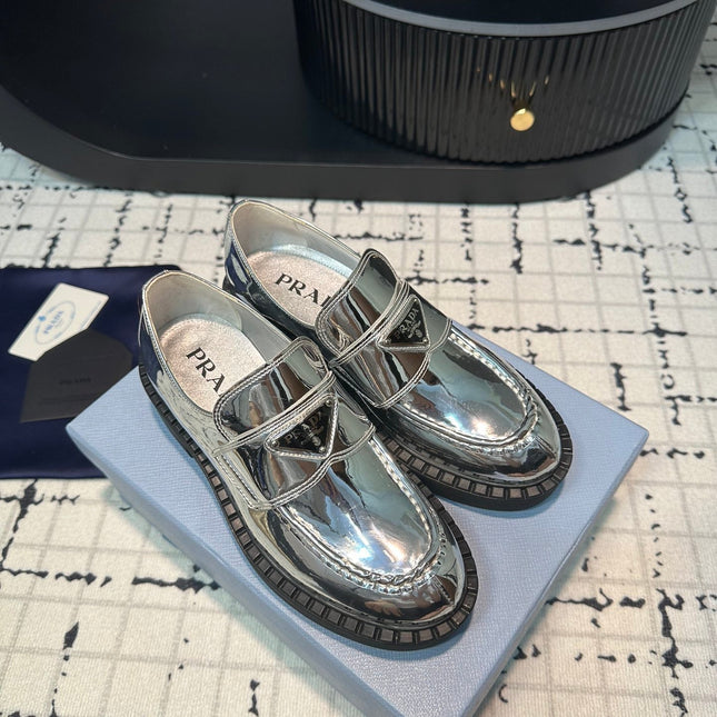 PRA SCHOCOLATE BRUSHED LOAFERS GLOSSY SILVER CALFSKIN