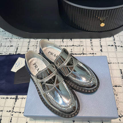 PRA SCHOCOLATE BRUSHED LOAFERS GLOSSY SILVER CALFSKIN