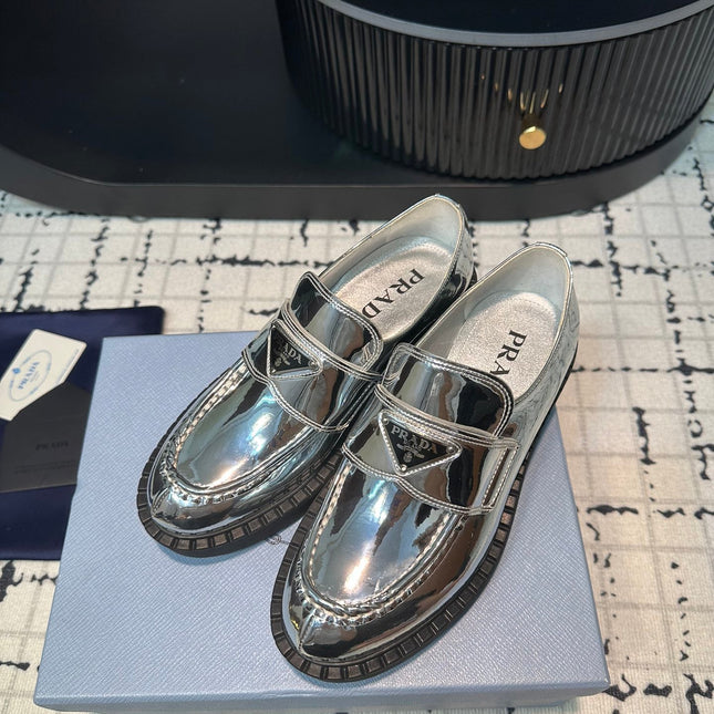 PRA SCHOCOLATE BRUSHED LOAFERS GLOSSY SILVER CALFSKIN