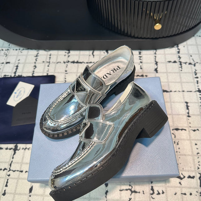 PRA SCHOCOLATE BRUSHED LOAFERS GLOSSY SILVER CALFSKIN