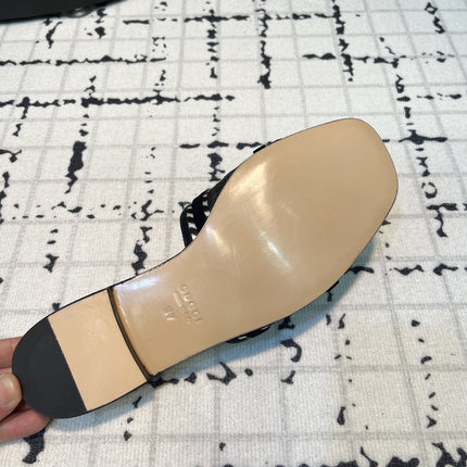 GG SLIDE SANDAL WITH GUCCI SCRIPT BLACK DENIM