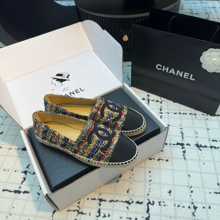 ESPADRILLES LOAFERS IN MULTICOLOR TWEED AND BLACK SATIN