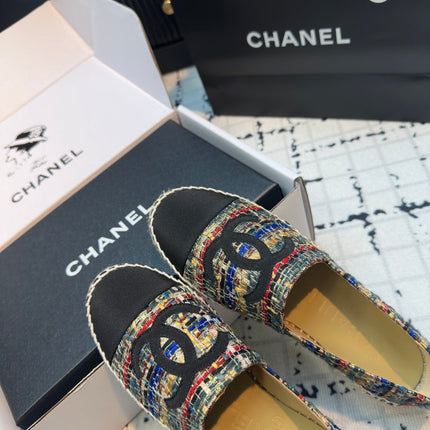 ESPADRILLES LOAFERS IN MULTICOLOR TWEED AND BLACK SATIN