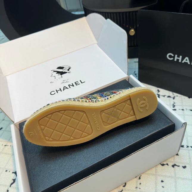 ESPADRILLES LOAFERS IN MULTICOLOR TWEED AND BLACK SATIN