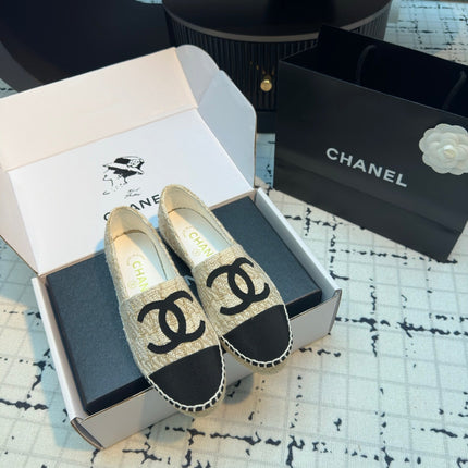 ESPADRILLES LOAFERS IN BEIGE TWEED AND BLACK SATIN
