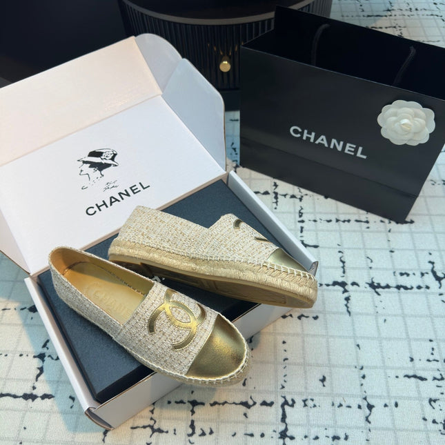 ESPADRILLES LOAFERS IN BEIGE TWEED AND GOLDEN LAMBSKIN