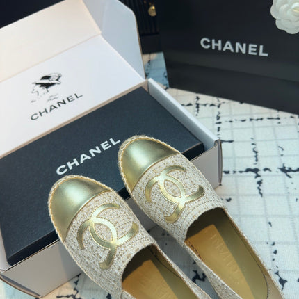 ESPADRILLES LOAFERS IN BEIGE TWEED AND GOLDEN LAMBSKIN