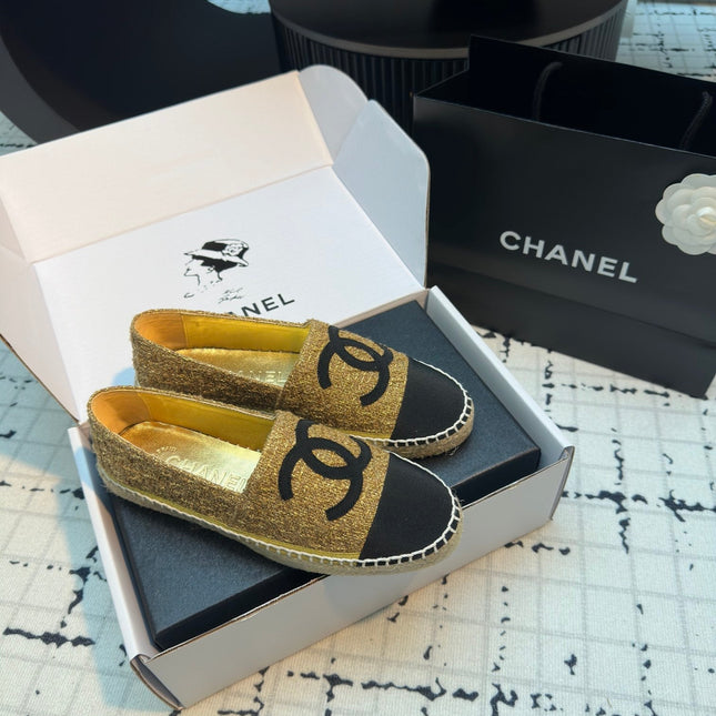 ESPADRILLES LOAFERS IN METALIC GOLD TWEED AND BLACK SATIN