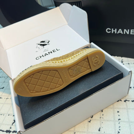 ESPADRILLES LOAFERS IN METALIC GOLD TWEED AND BLACK SATIN