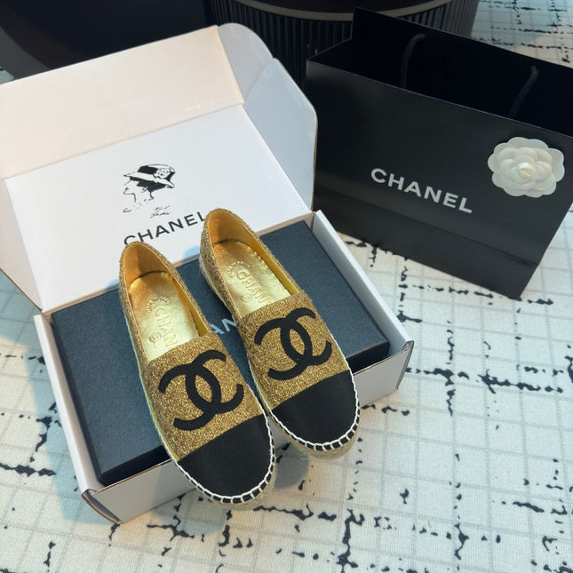 ESPADRILLES LOAFERS IN METALIC GOLD TWEED AND BLACK SATIN