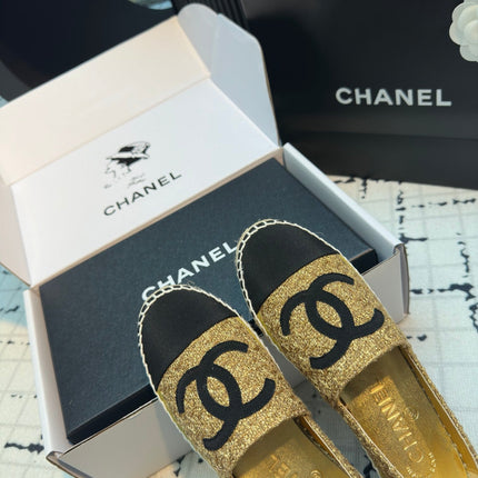 ESPADRILLES LOAFERS IN METALIC GOLD TWEED AND BLACK SATIN
