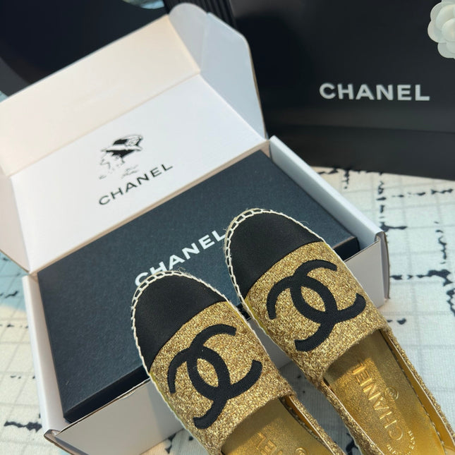 ESPADRILLES LOAFERS IN METALIC GOLD TWEED AND BLACK SATIN
