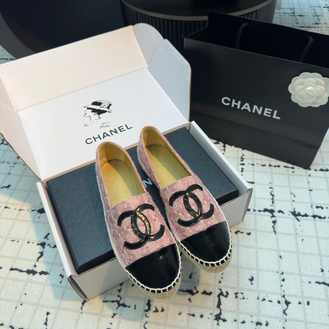 ESPADRILLES LOAFERS IN LIGHT PINK TWEED AND BLACK LAMBSKIN